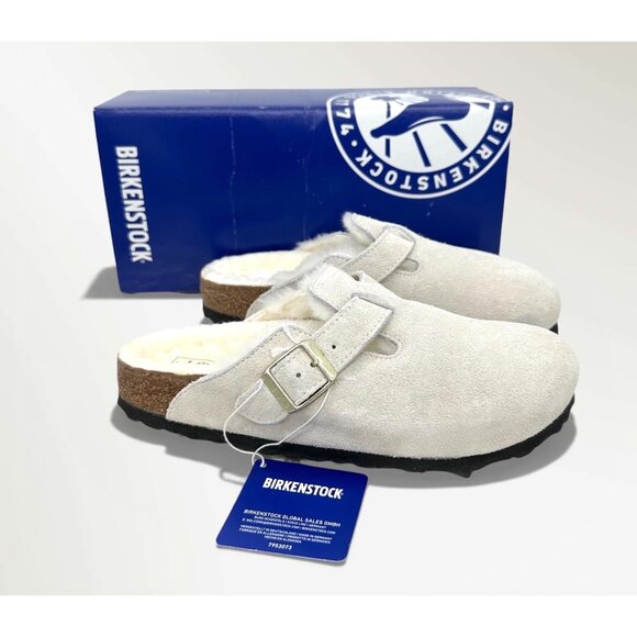 Birkenstock Shoes - Birkenstock Boston Shearling Suede Clogs Antique White EU 38 Fur Lined